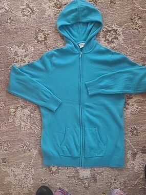 L.L.Bean 100% Cashmere Deep Aqua Blue Zip Up Hoodie W/Pockets Size L